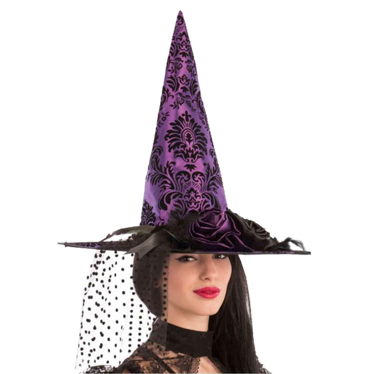 Cappello strega tessuto damascato viola velo