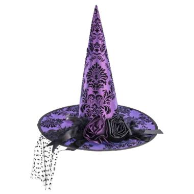 Cappello strega tessuto damascato viola velo