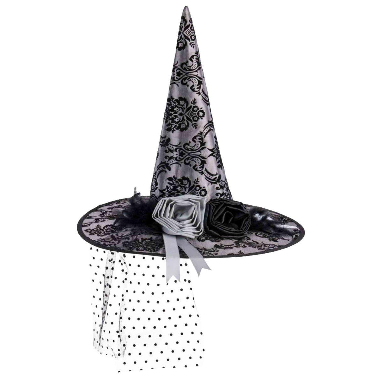 Cappello strega tessuto damascato grigio velo