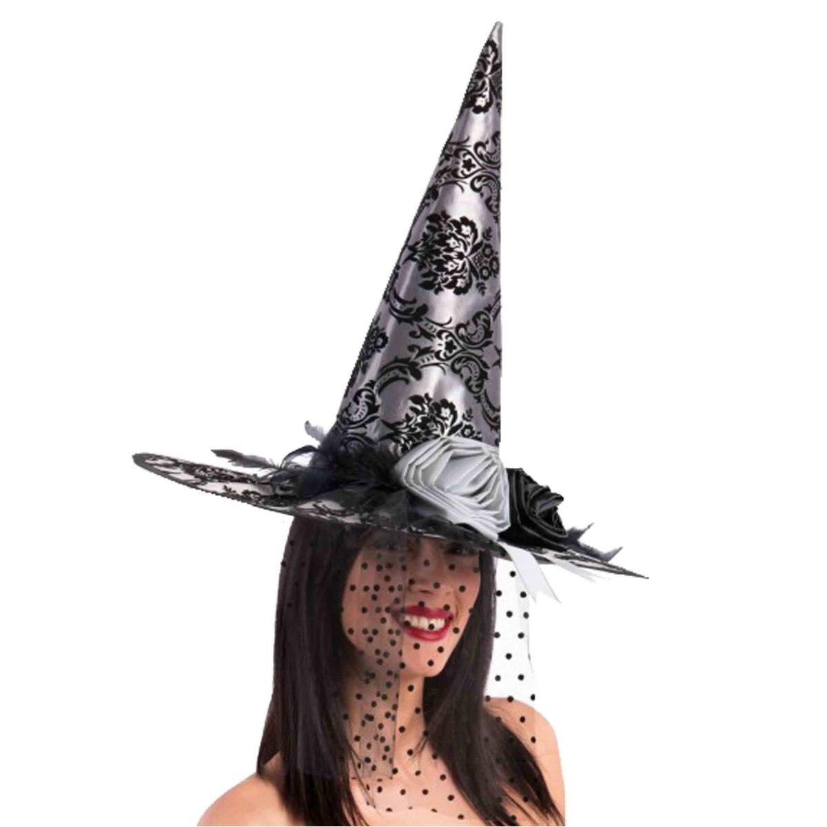 Cappello strega tessuto damascato grigio velo