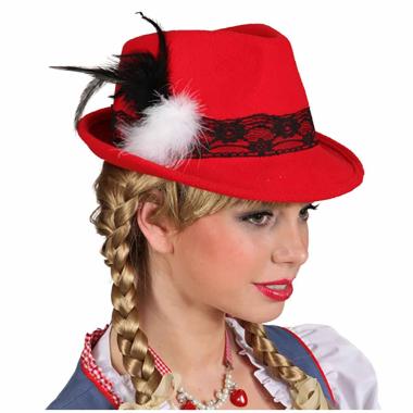 Cappello bavarese tirolese feltro rosso pizzo piume