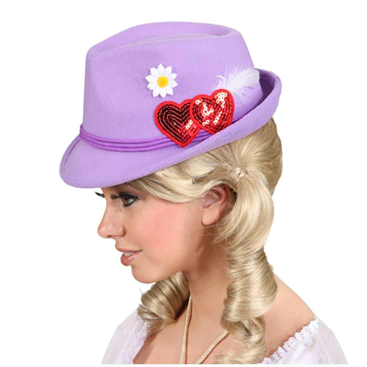 Cappello bavarese tirolese feltro viola cuori piume