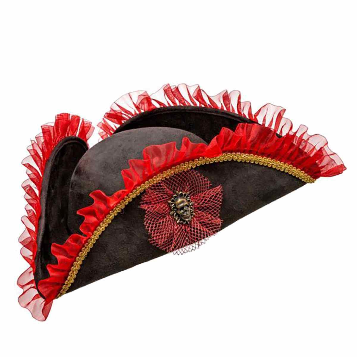 Cappello pirata tricorno nero rosso teschio