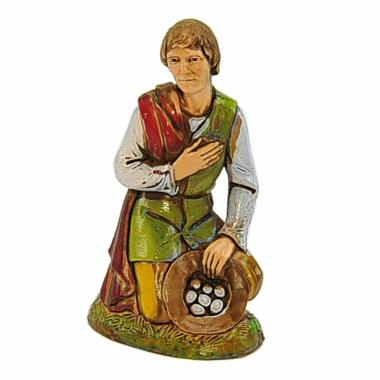 Statua presepe 10 cm contadino in ginocchio cesta di uova