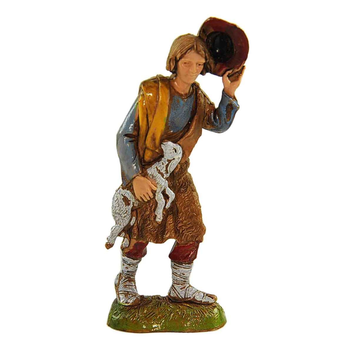 Statua presepe 10 cm pastore agnello cappello