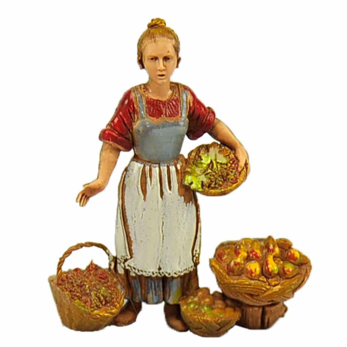 Statua presepe 10 cm fruttivendola 4 ceste frutta