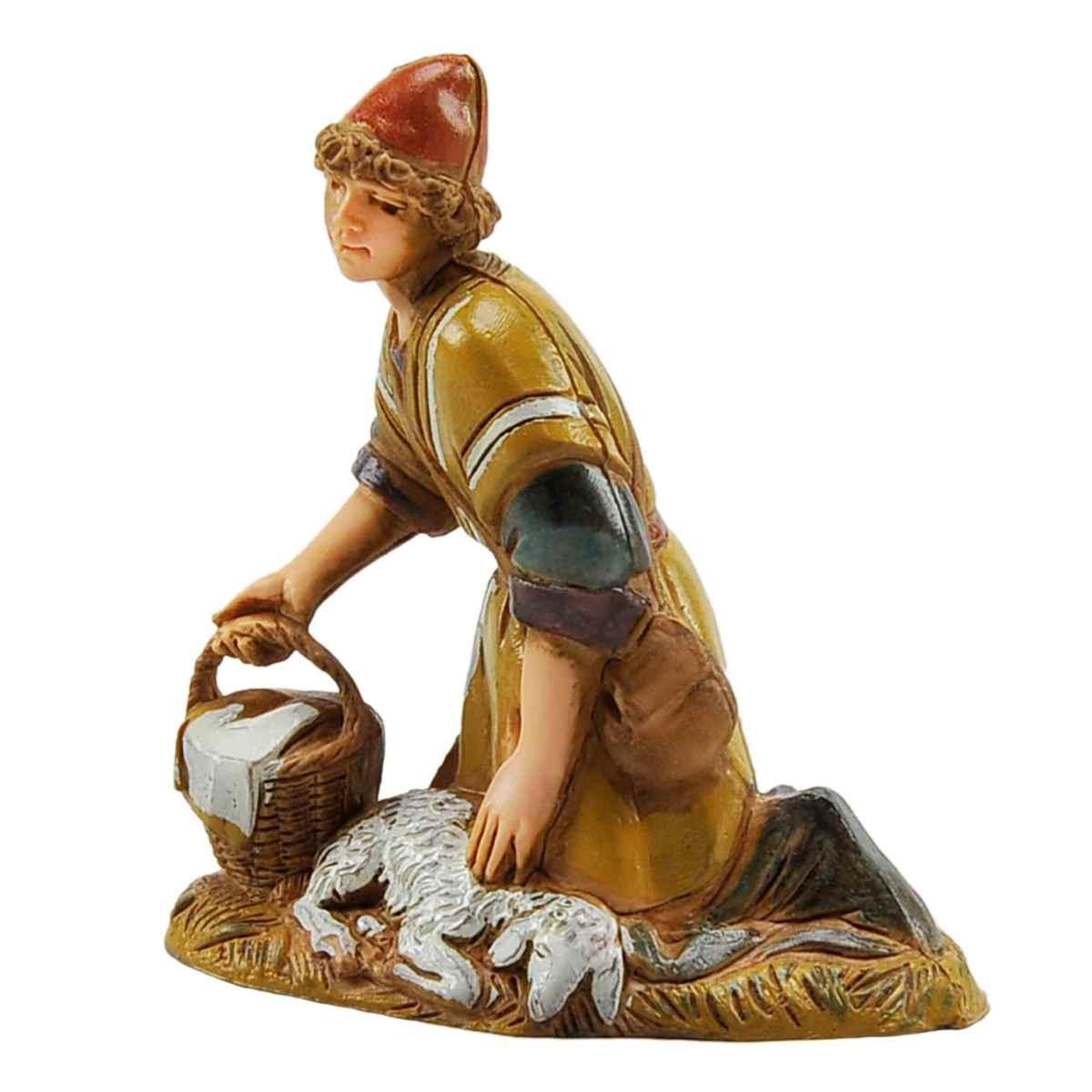 Statua presepe 10 cm pastore inginocchiato secchio pecora