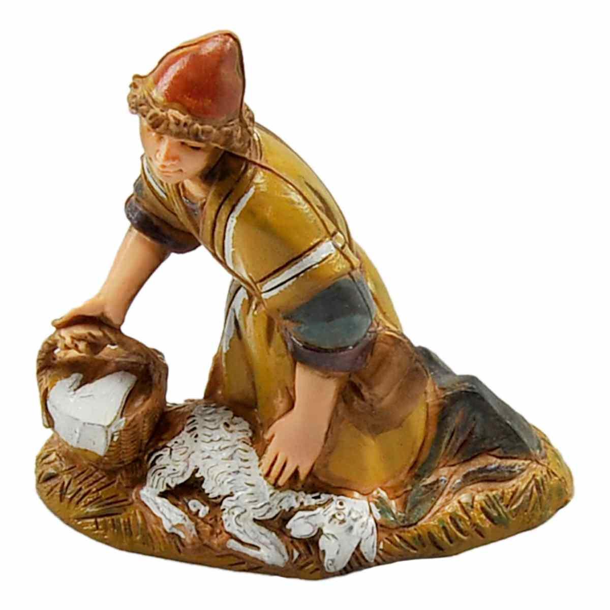 Statua presepe 10 cm pastore inginocchiato secchio pecora