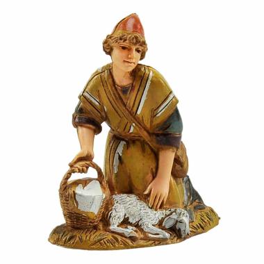 Statua presepe 10 cm pastore inginocchiato secchio pecora