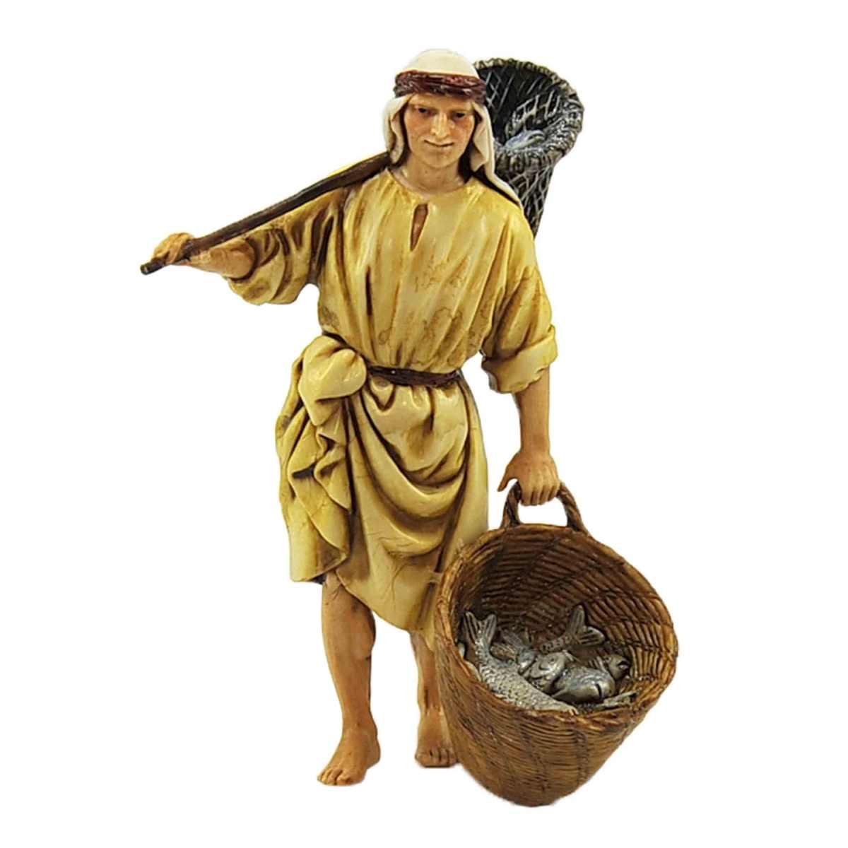 Statua presepe 13 cm pescatore con cesta e guadino