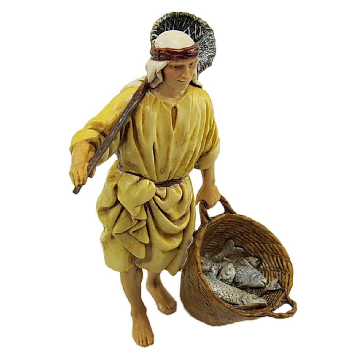 Statua presepe 13 cm pescatore con cesta e guadino
