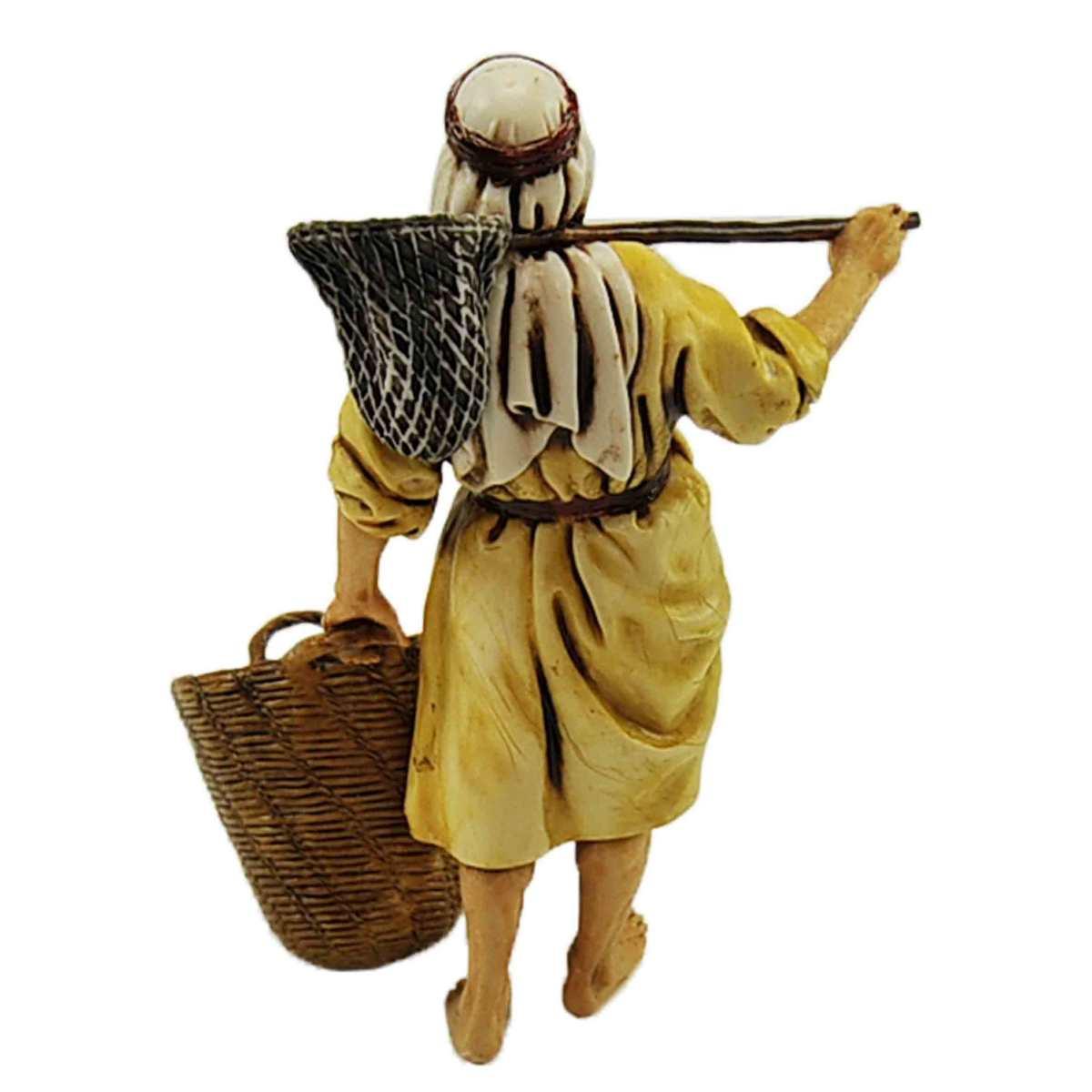 Statua presepe 13 cm pescatore con cesta e guadino