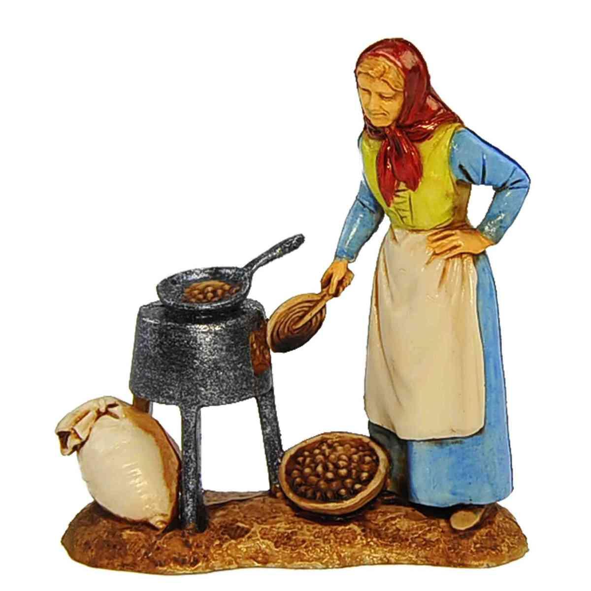 Statua presepe 8 cm donna castagne braciere sacco di castagne