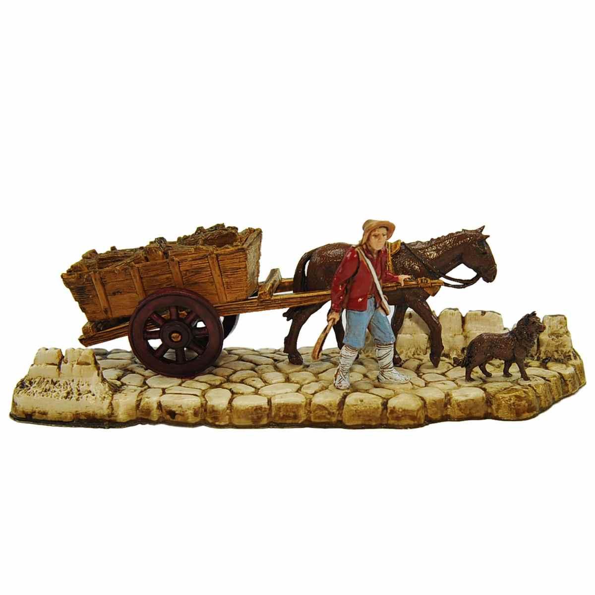 Statua presepe 6 cm carrettiere carro asino cane