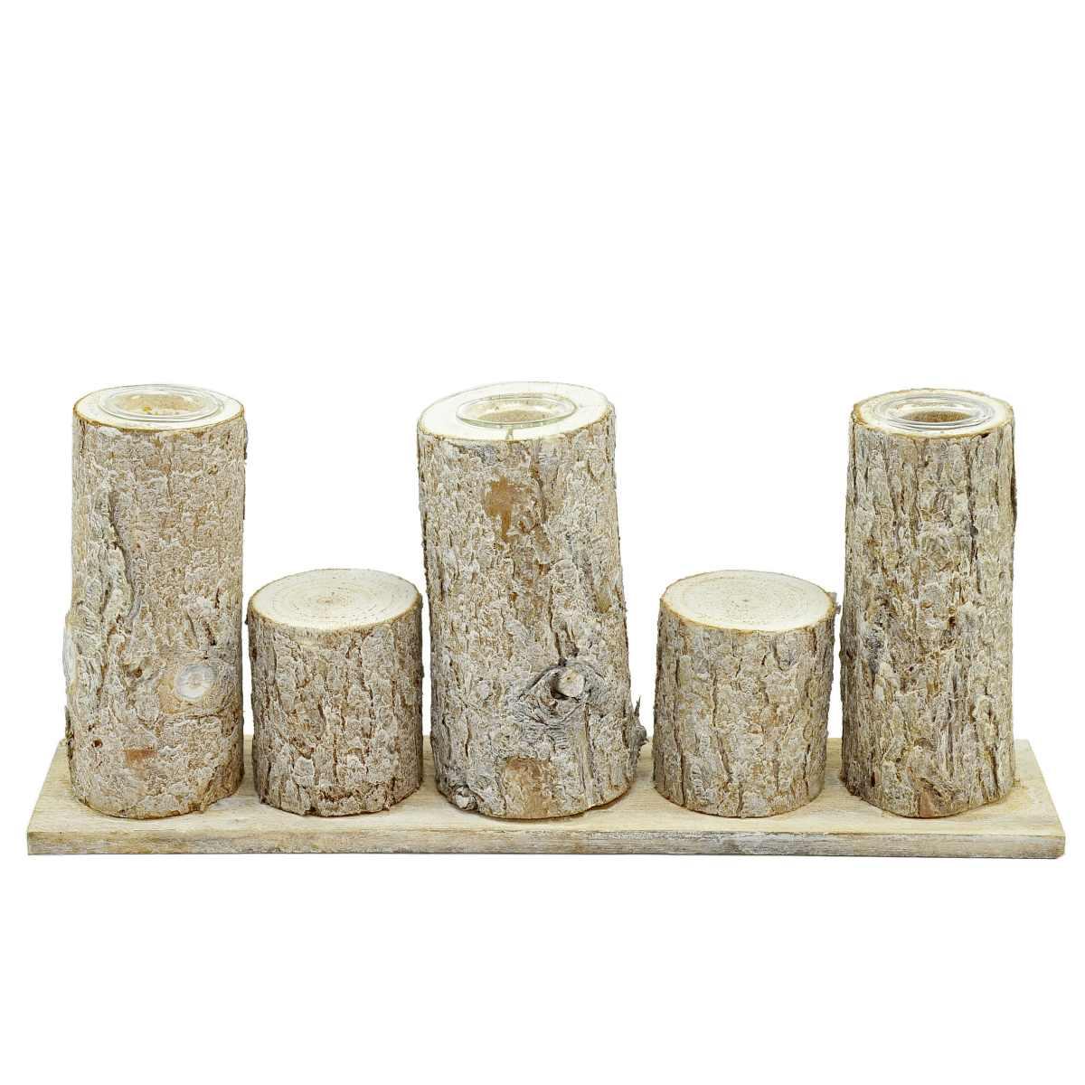 Porta candela natalizio 3 posto legno tronchi 31 x 7 cm