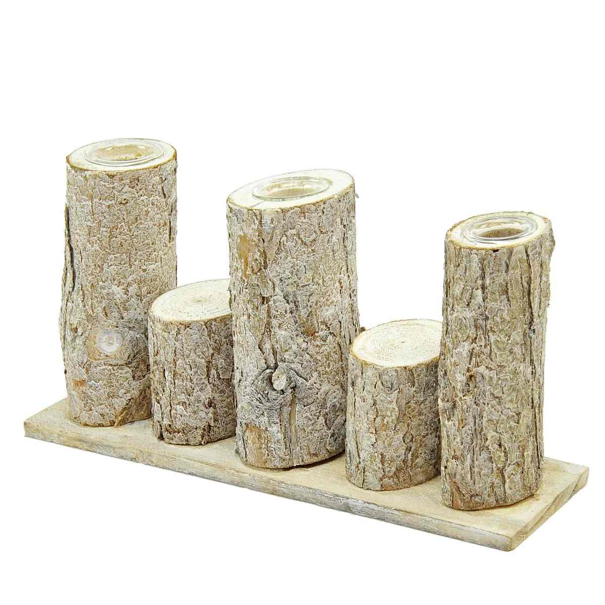 Porta candela natalizio 3 posto legno tronchi 31 x 7 cm