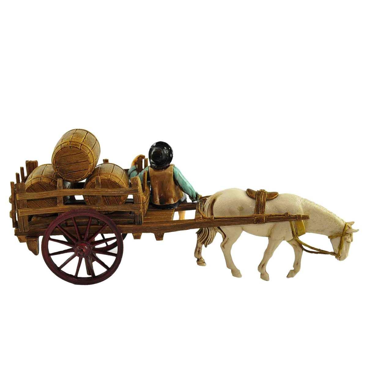 Statua presepe 10 cm uomo con carro cavallo botti
