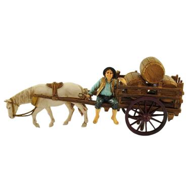 Statua presepe 10 cm uomo con carro cavallo botti
